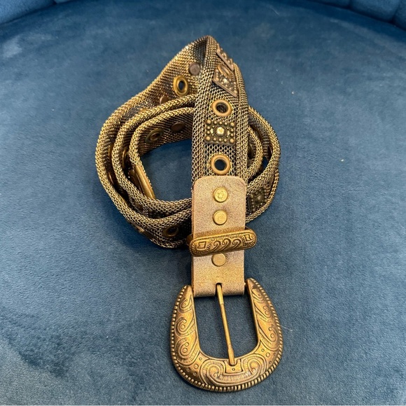 Sand Castle Vintage 80's USA Bronze Pewter Gold Color Mesh Metal Studded Belt - Picture 2 of 4